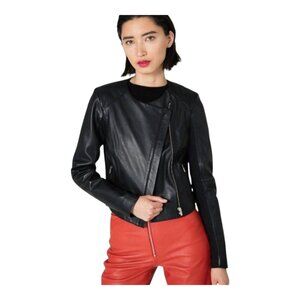 VEDA Dali Smooth Leather Moto Biker Jacket in Black Contemporary Women's…